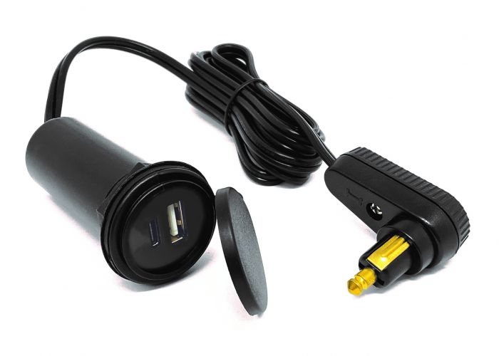 USB tank bag cable with twin charger USB A and USB C and right